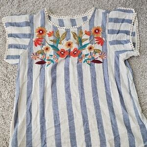 Striped Floral Embroidered Top